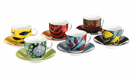 Coffee cups with saucers, Afrika series, 6 pieces set, multicolored code 62714 Excelsa