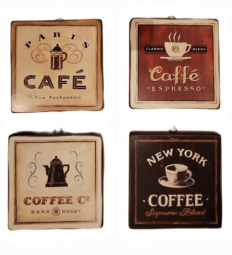 Daniel's Set of 4 mini wooden squares with Coffee decoration 17x17 cm